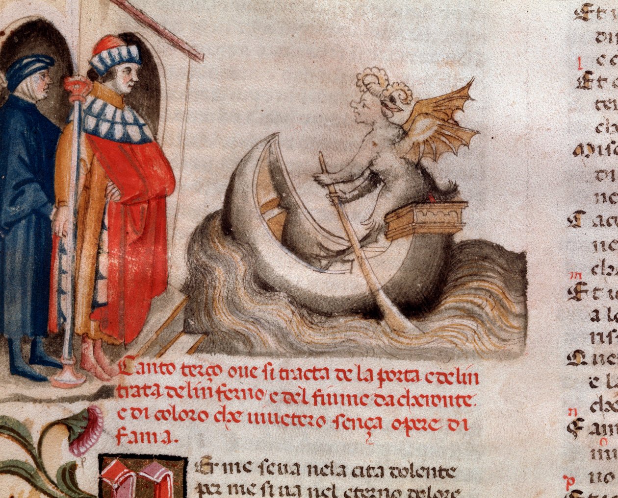 Porträtt av den italienska poeten Dante Alighieri tittar på Charon sin båt som korsar Acheron med själarna (sång 3 från helvetet, i den gudomliga komedin) - miniatyr 1400-talet av Unknown artist
