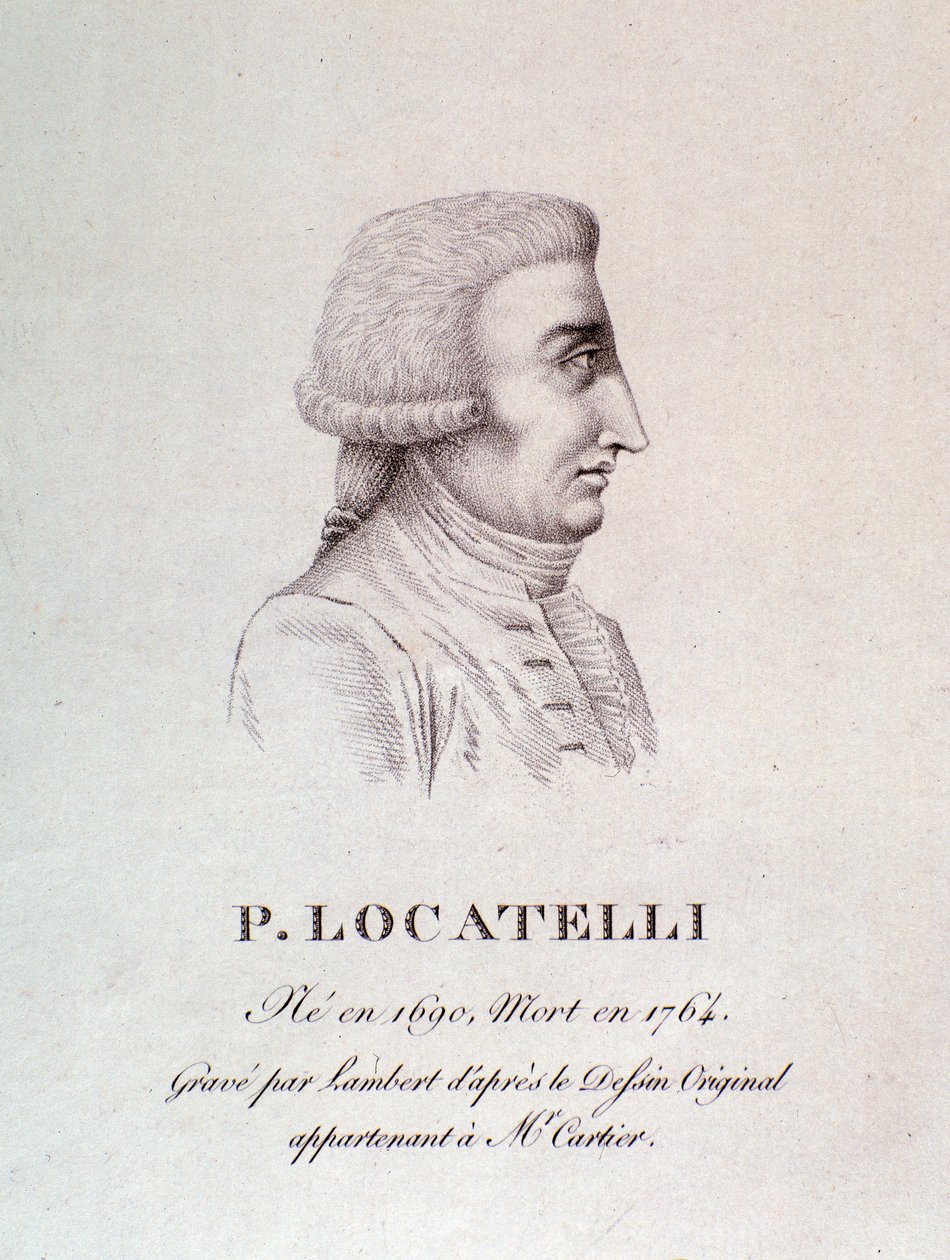 Porträtt av den italienske violinisten och kompositören Pietro Locatelli (1695-1762) Gravyr. 1700-talet. Bologna, medborgarmuseum för musik av Unknown artist