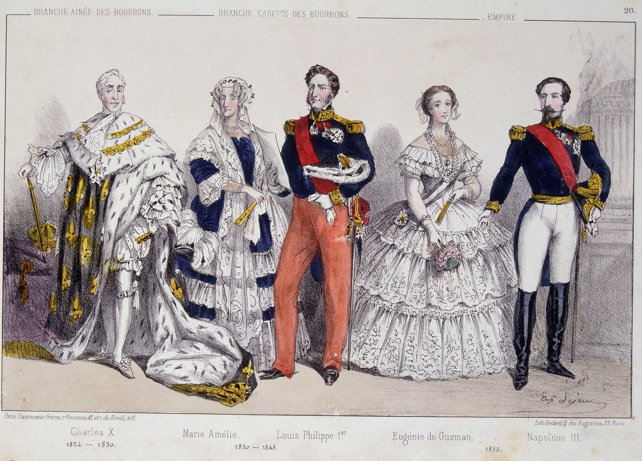 Porträtt av bourbonerna. Från vänster till höger: Karl X (1757-1836), Marie Amelie (1782 - 1866), Louis Philippe I (1773-1850), Eugenie de Guzman (1826-1920) och Napoleon III (1808-1873). av Unknown artist