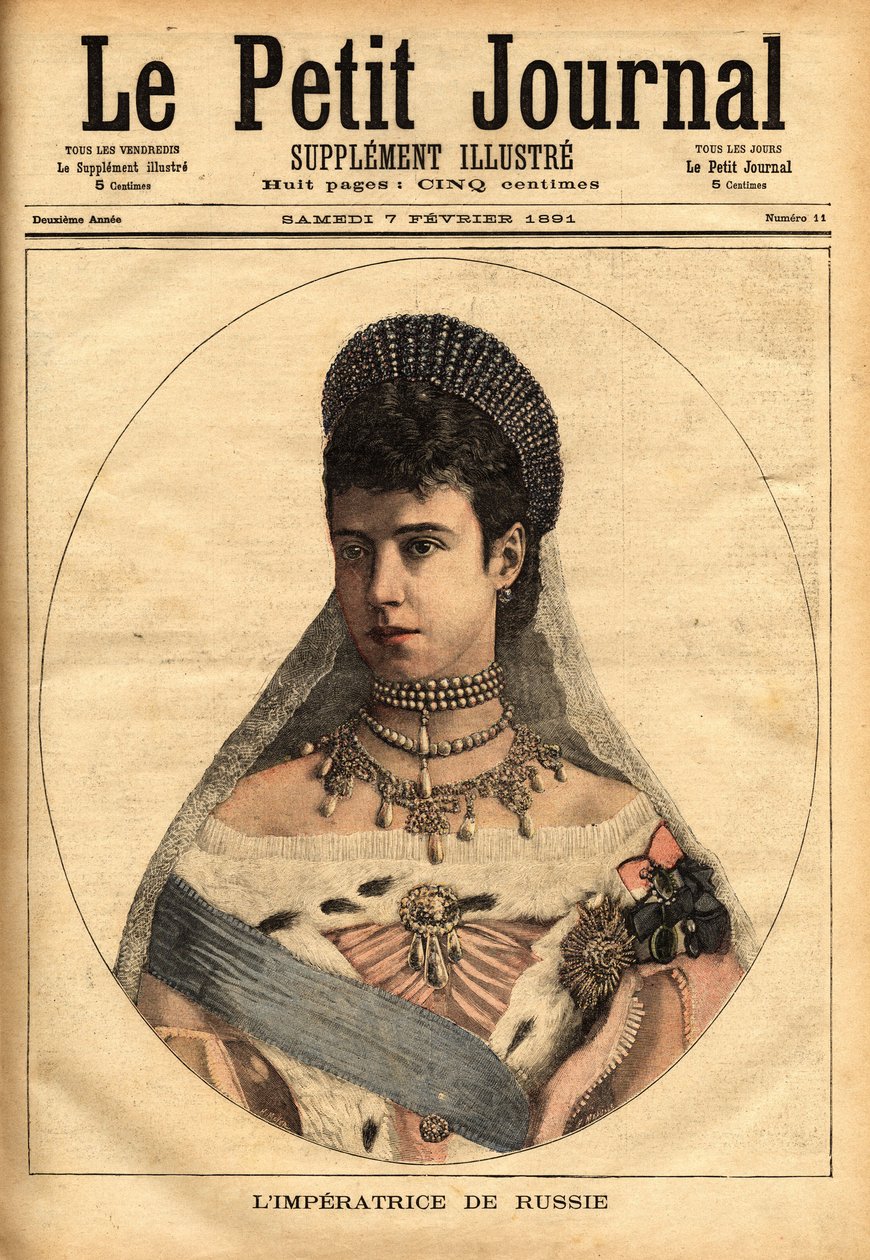 Porträtt av den danska prinsessan Mary Sophie Dagmar (1847-1928), som gifte sig under namnet Mary Feodorovna (eller Fiodorovna eller Fedorovna), 1866, Alexander Alexandrovich Romanov (1845-1894), eller Alexander III kejsare (tsar) av Ryssland. Gravyr i ""  av Unknown artist