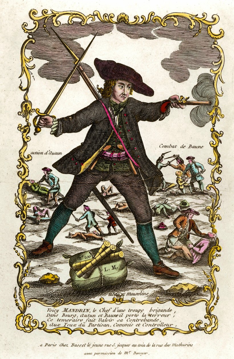 Porträtt av den franske briganden Louis Mandrin (ca 1725-1755). Bakom honom Autuns agerande och Baunes kamp. Gravyr av 1700-talet. Privat samling av Unknown artist