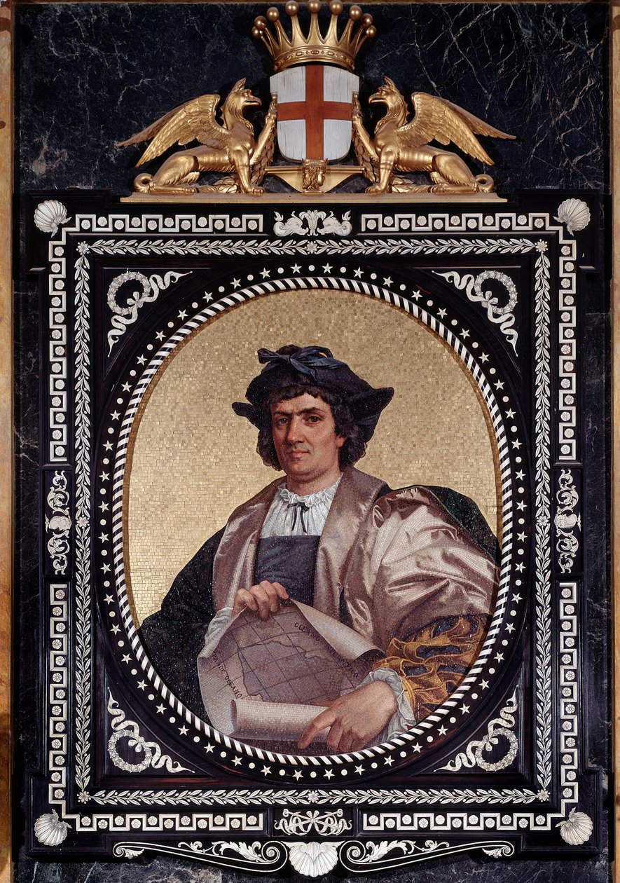 Porträtt av den italienske navigatören Christopher Columbus (Christopher Columbus, Cristoforo Colombo, Cristobal Colon) (1451-1506) Mosaique av Unknown artist