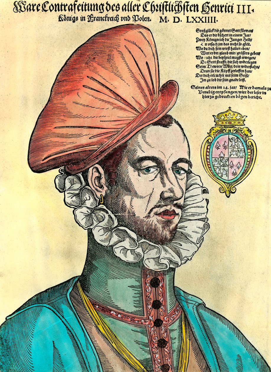 Porträtt av kungen av Frankrike Henrik III (1551 - 1589). 1500-talsgravyr. av Unknown artist