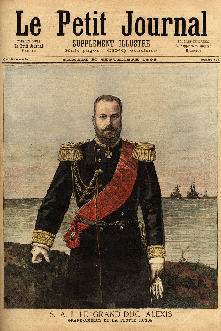Porträtt av den ryska flottans store amiral, allierad med Frankrike, storhertig Alexandrovich Romanov (1850-1908), son till tsar Alexander II (1818-1881). Gravyr i "" Le petit journal"" 1893-09-30. Selvas samling. av Unknown artist