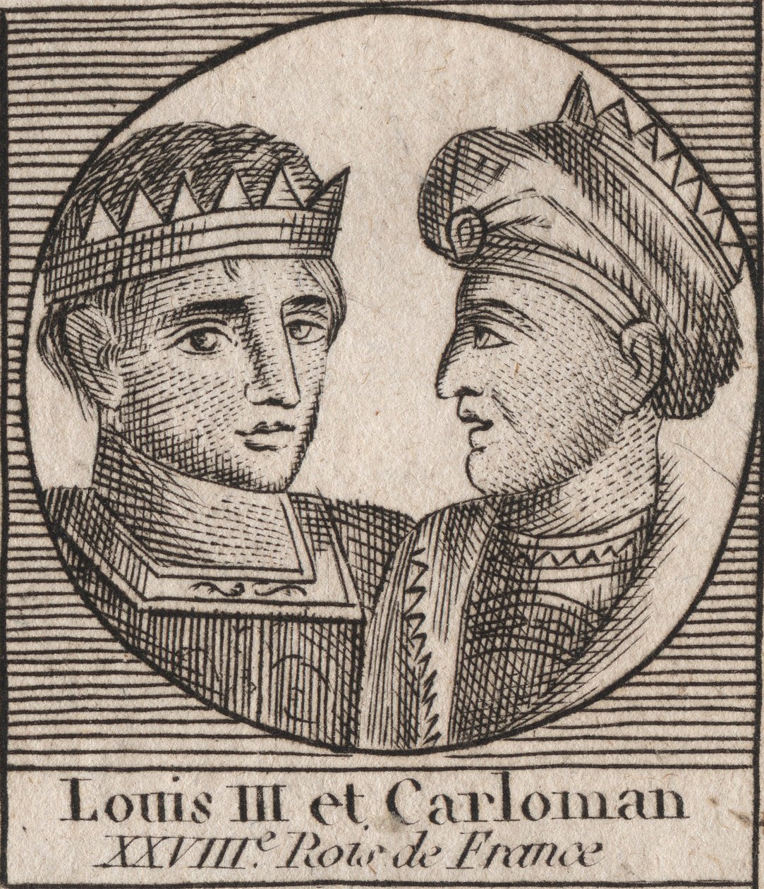 Porträtt av Ludvig III (863/65-882) francens kung mellan 879 och 882 och Carloman II (866-884), frankernas kung från 879 till 884 - Ludvig II, kung av Västfrankien och Carloman II, kung av västra Frankrike Francia - gravyr från "Instruction sur l