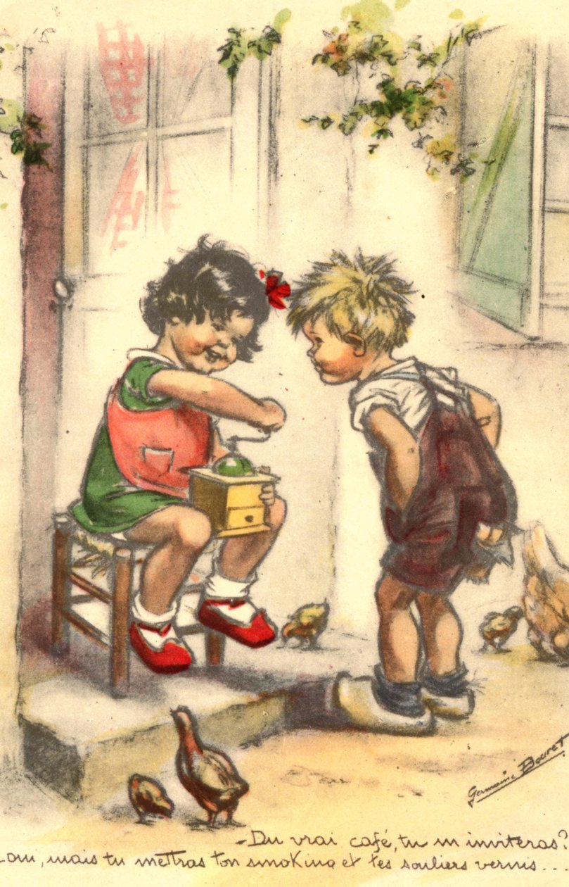 Vykort, Kitsch, två barn med en kaffekvarn, flicka och pojke av Unknown artist