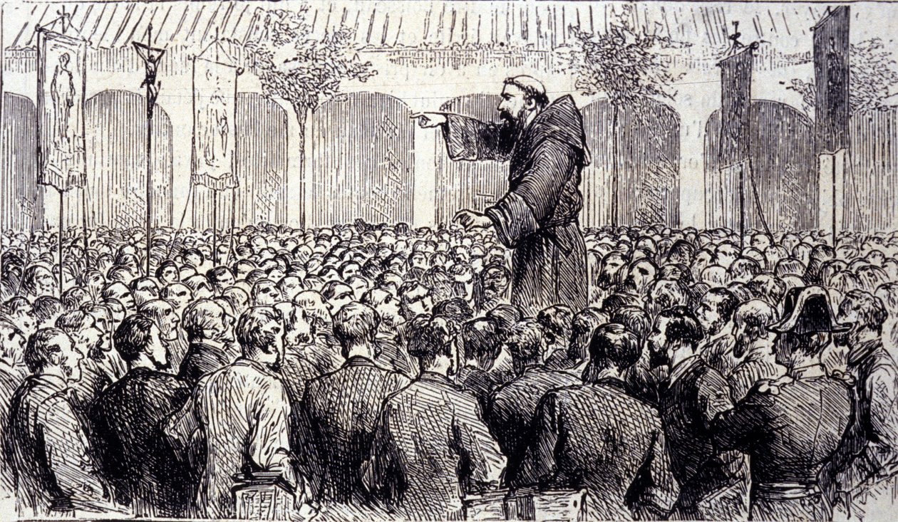 Predikation av en kapucinermunk till pelerinerna som kom till Lourdes i Höga Pyrenéerna där Jungfrun visade sig för Bernadette Soubirous (1844-1879) 1858, nuvarande pilgrimsfärdsort. Gravyr från 1877 av Unknown artist