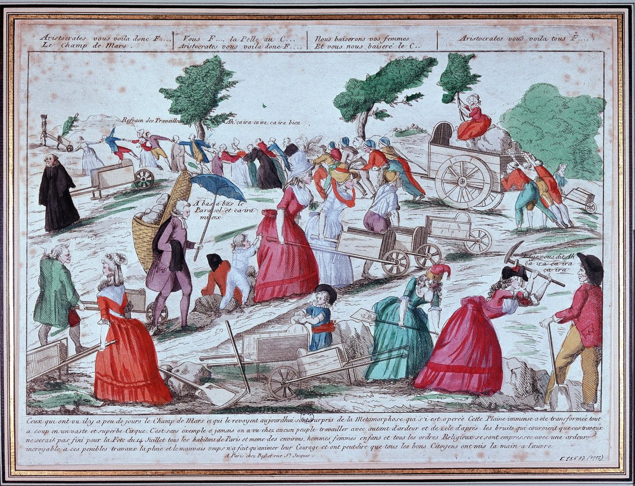 Förberedelse på Champs de Mars av högtiden den 14 juli - gravyr av Unknown artist