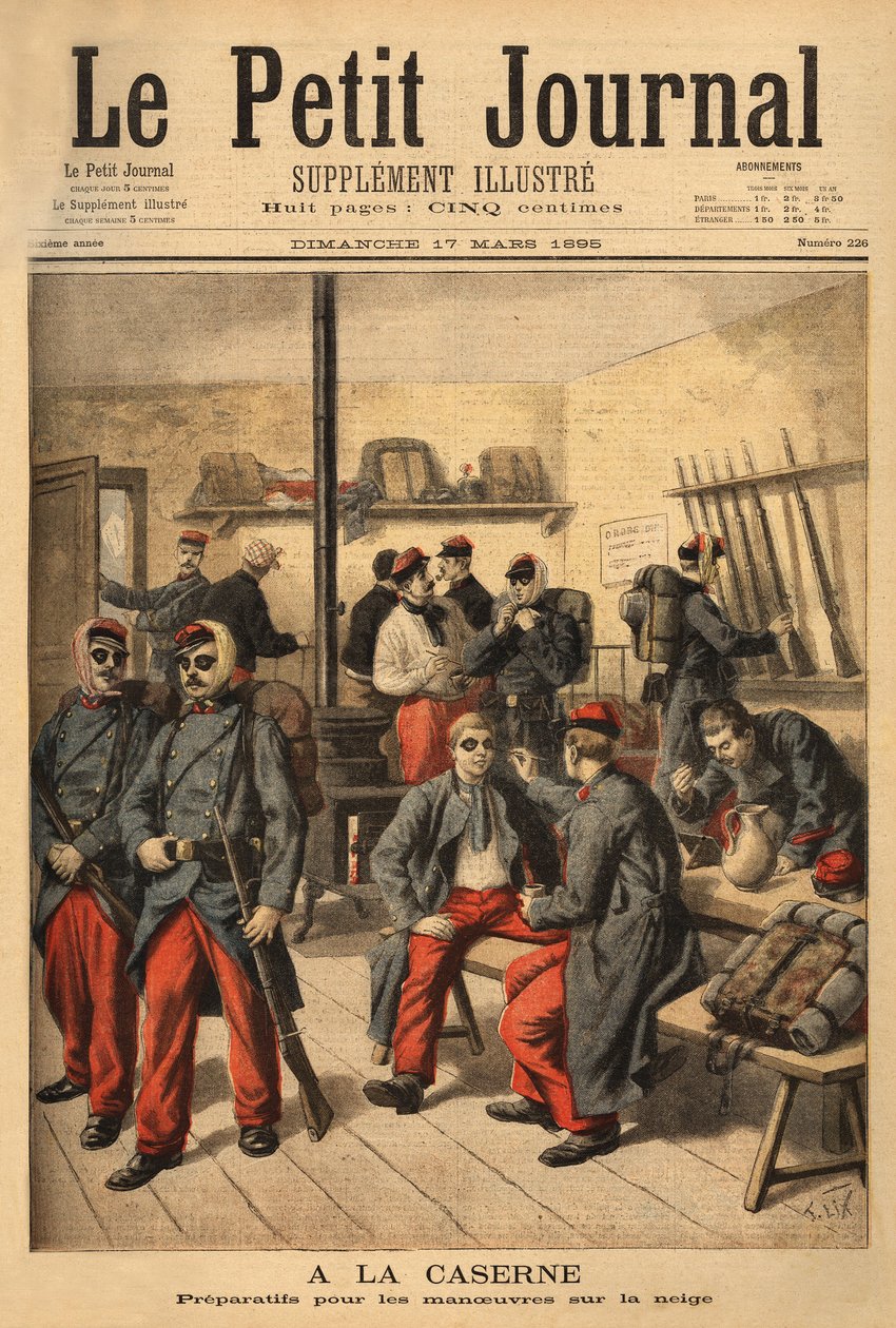 Förbereder sig för manövrer på snön, istället för att bära glasögon med rökglasögon, är soldaterna omgivna av svart sot. Gravyr i "" Le petit journal"" 1895-03-17. Selvas samling. av Unknown artist