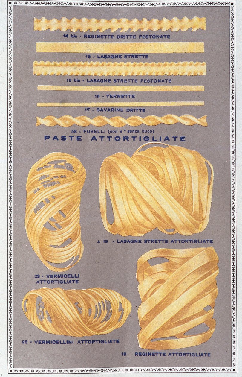 Presentation av olika sorters italiensk pasta av Unknown artist