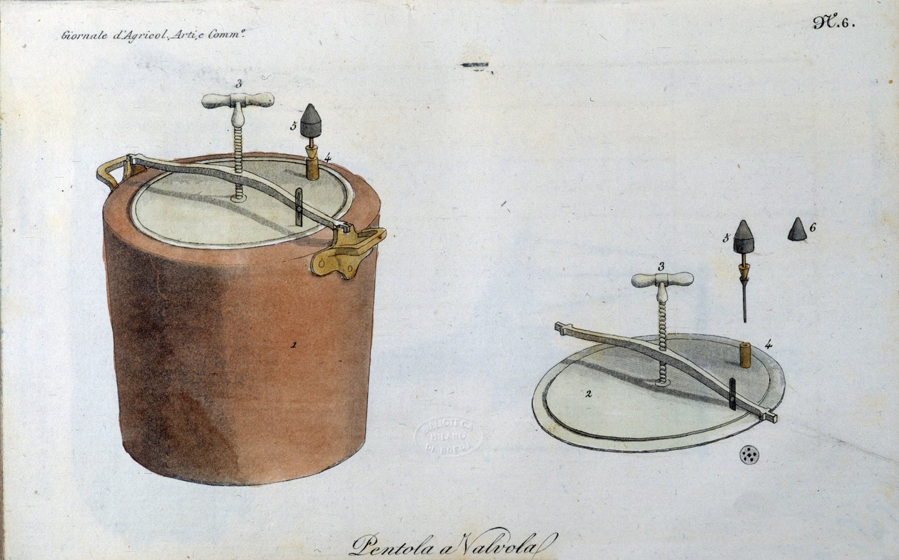 Tryckkokare (tryckkokare eller snabbkokare). Plåt hämtad från "" Journal of agriculture, arts and techniques "" (Revue d
