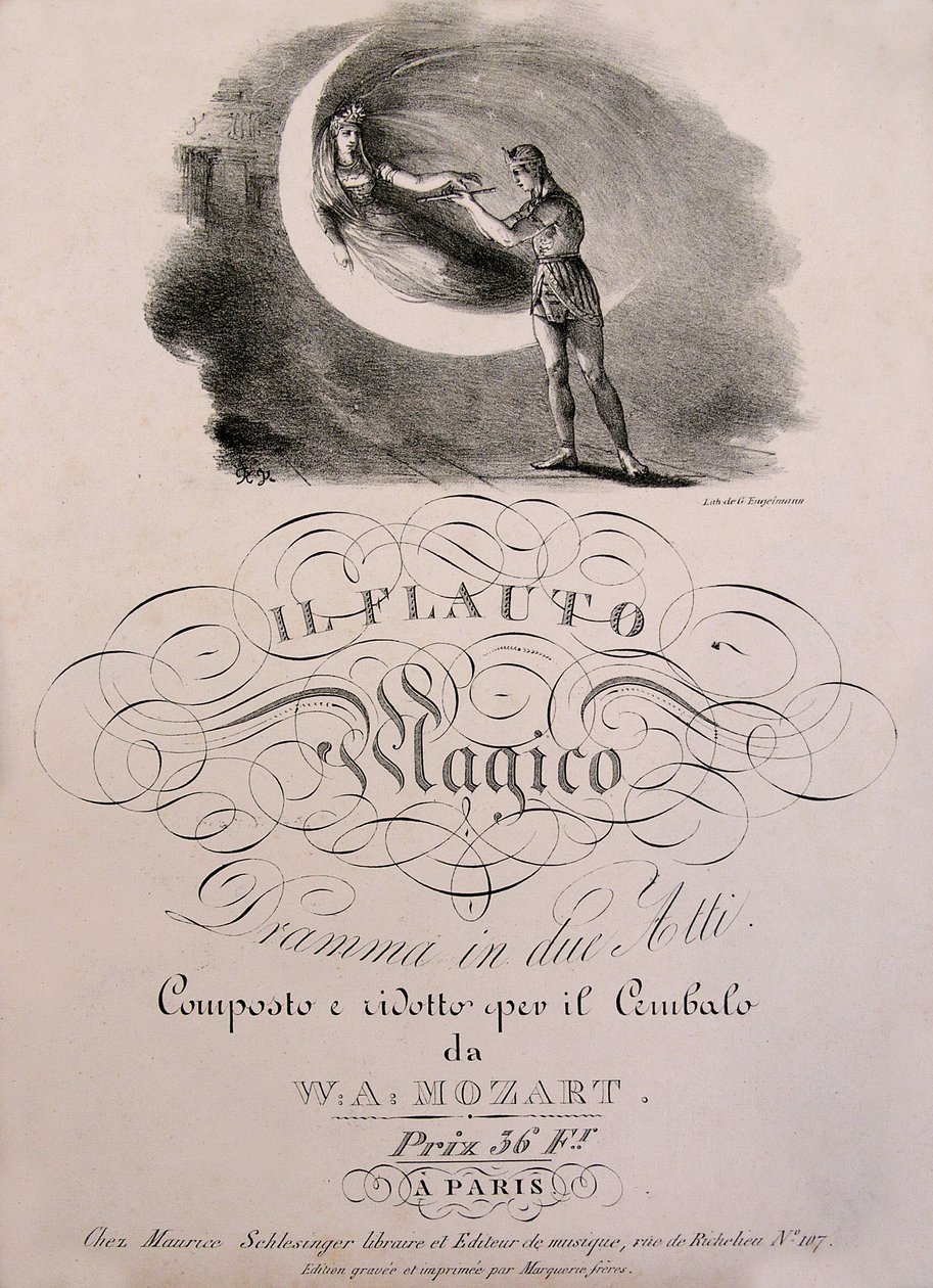 Prins Tamino tar emot den förtrollade flöjten av Nattens drottning, omslagsillustration av partitionsboken "" Den förtrollade flöjten"" (Die Zauberflote) (1791) av W.A. Mozart (1756-1792). Leonard de Selva samling. av Unknown artist