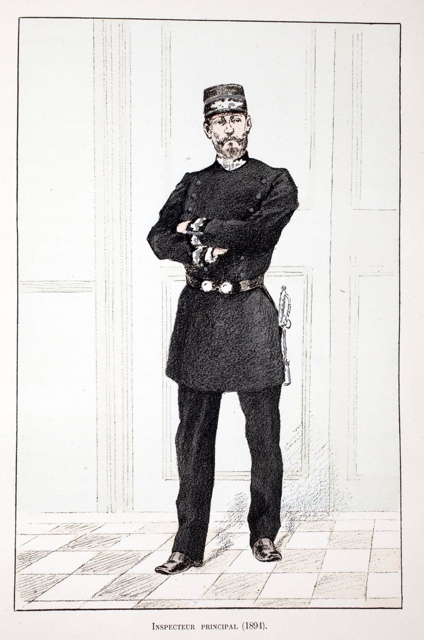 Överinspektör (1894). Etsning i färger, för illustration "" History of the Corps of Peacekeepers""" bok publicerad under beskydd av Louis Lepine (1846-1933), prefekt för polisen på Seine, av Alfred Rey (1864-?) och Louis Feron (1862) -?) av Unknown artist