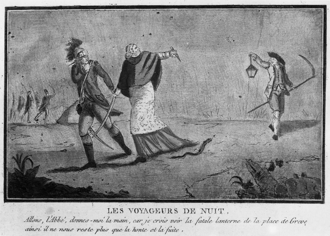 Privilegier: Nattresenärer, en abbe och en adelsman som flyr om natten - 1790, Musee Carnavalet. av Unknown artist