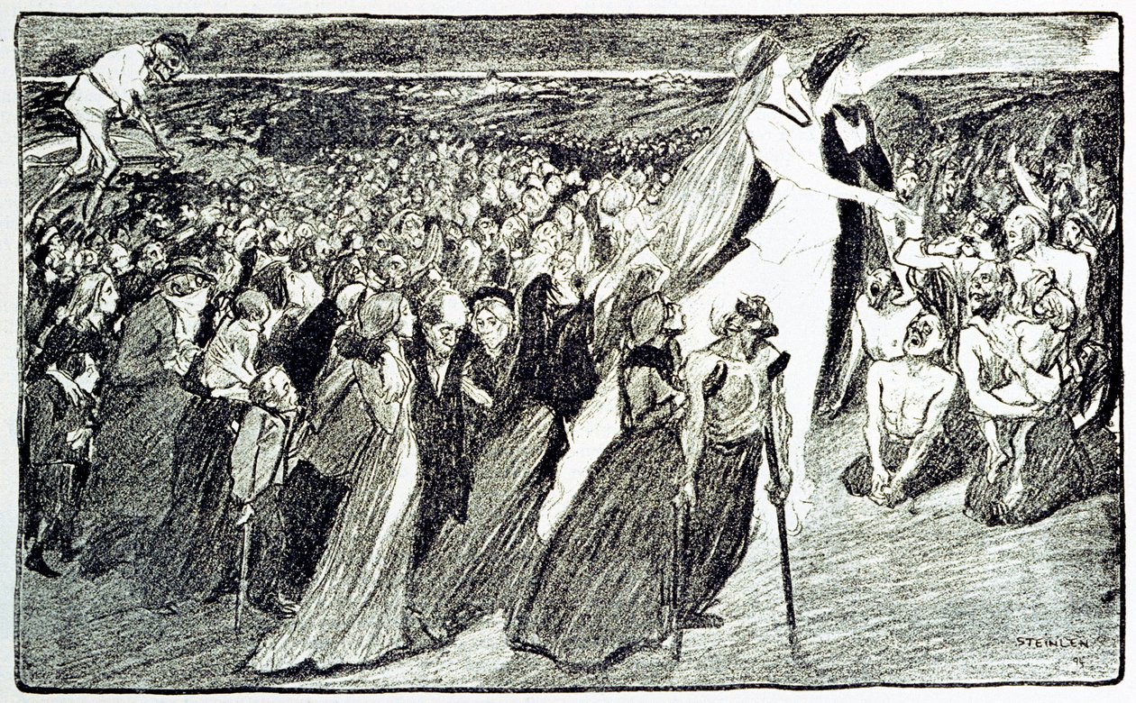 Procession under pilgrimsfärden i Lourdes, allegori av Theophile Alexandre Steinlen (1859 - 1923) som illustrerar "Lourdes" av Emile Zola (1840-1902) hämtad från "Gil Blas illustrious"" av Unknown artist