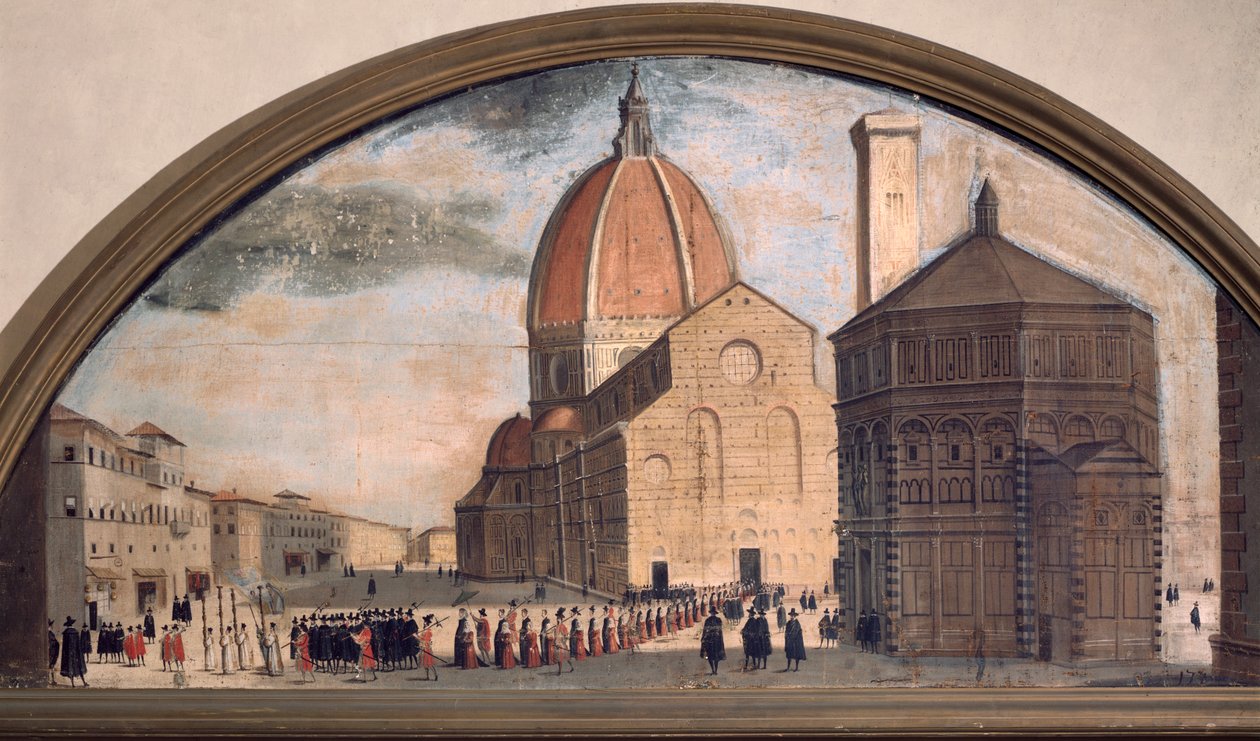 Procession på katedralen Santa Maria del Fiore-torget, Florens (målning, ca 1650) av Unknown artist