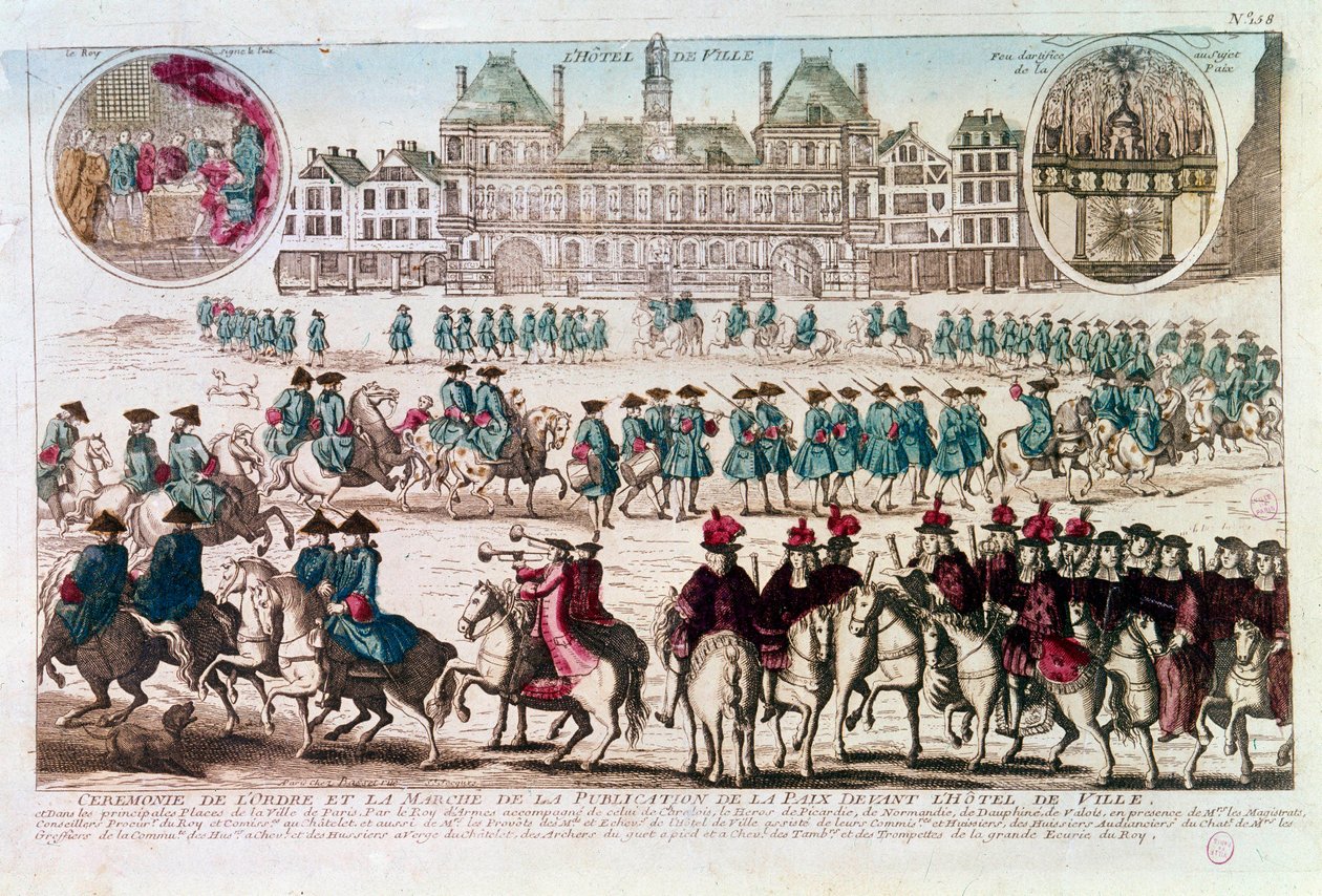 Procession med anledning av fredsutgivningsceremonin framför Rådhuset (Place de Greve). Gravyr av 1700-talet B.N. Paris av Unknown artist