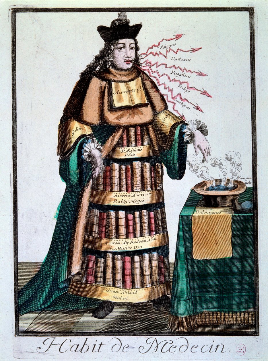 Yrke: "" läkarens klänning"" En man som bär böckerna från Galien, Avicenna (Avicenna) som betecknar ett bassäng som innehåller en vätska, ett recept och citerar behandlingar. Gravyr av 1700-talets Paris, Musee Carnavalet av Unknown artist