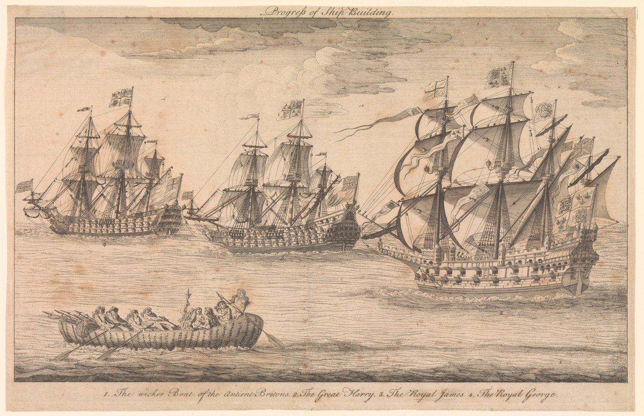 Fartygsbyggandets utveckling. 1. De gamla britternas korgbåt 2. Den store Harry 3. Den kungliga James 4. Den kunglige George av Unknown artist