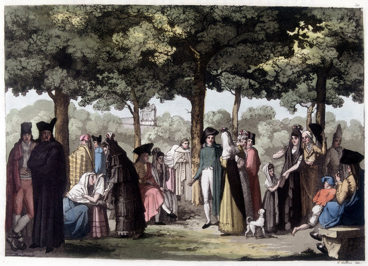 Promenad av esplanaden i Barcelona. 1800-tals litografi. av Unknown artist
