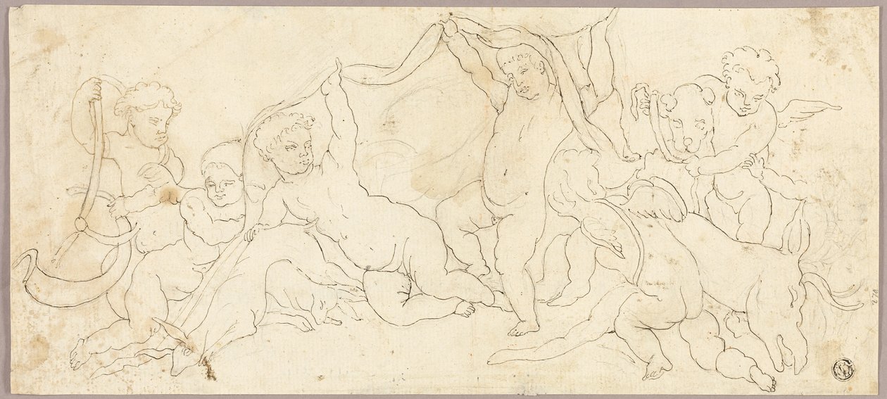 Putti på lek med rådjur och hund av Unknown artist