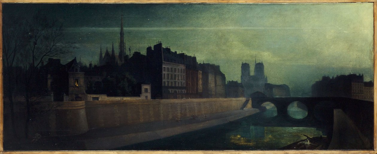 Quai des Orfêvres, Pont Saint-Michel, Notre-Dame, ca 1860; nattlig effekt, nuvarande 1:a och 4:e arrondissementet, mellan 1855 och 1865 (olja på duk) av Unknown artist
