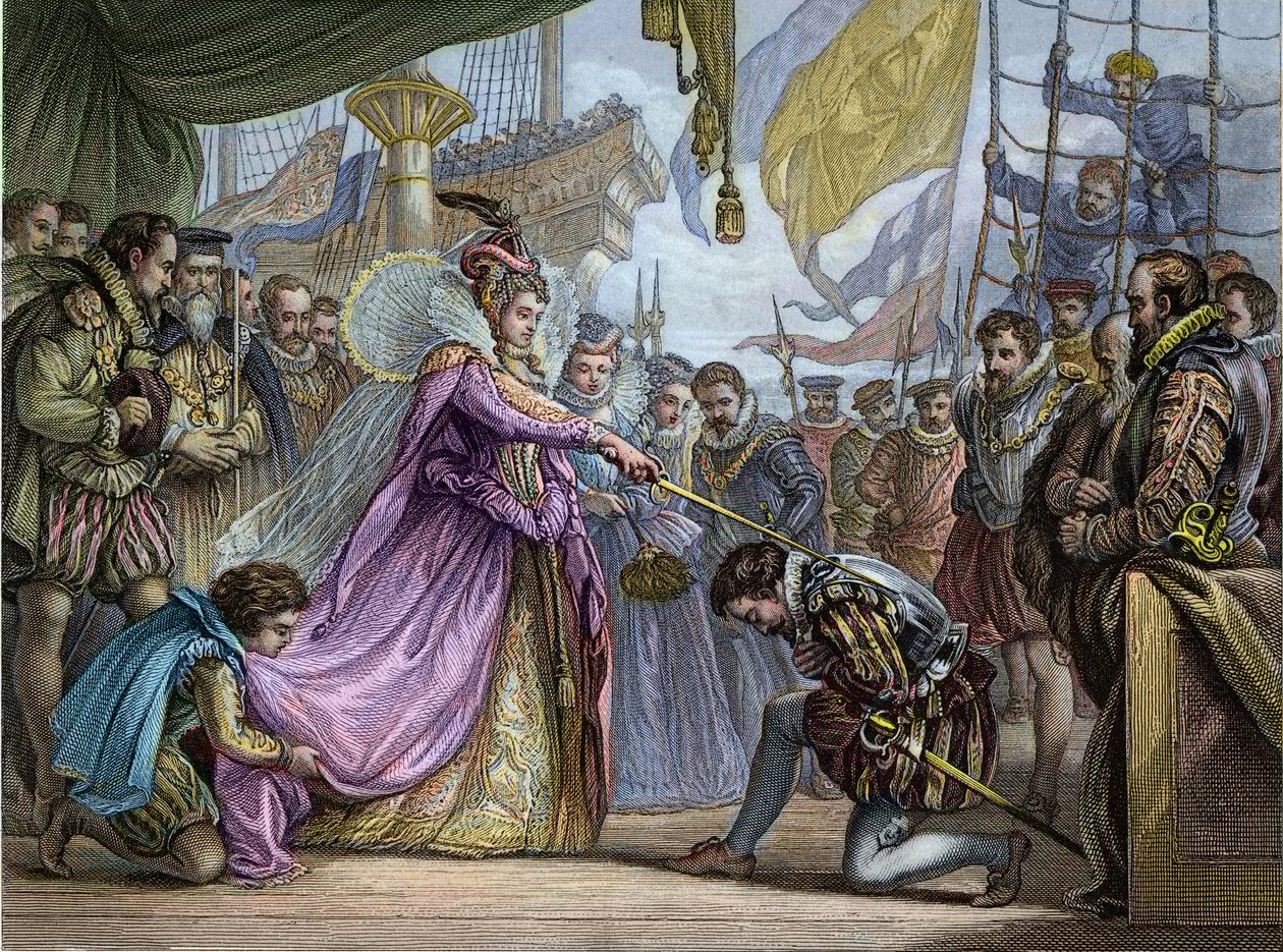 Drottning Elizabeth I (1530-1603) riddar Francis Drake (1540-96) - Mjukning av Francis Drake (1540-1596) av Unknown artist