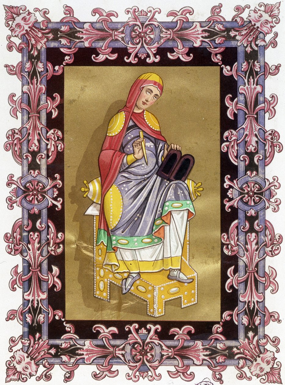 Radegonde (ca 520 - 587), drottning av Frankrike, hustru till Clotaire (Clothaire) I. Kromolitografi från 1800-talet baserad på belysning. av Unknown artist