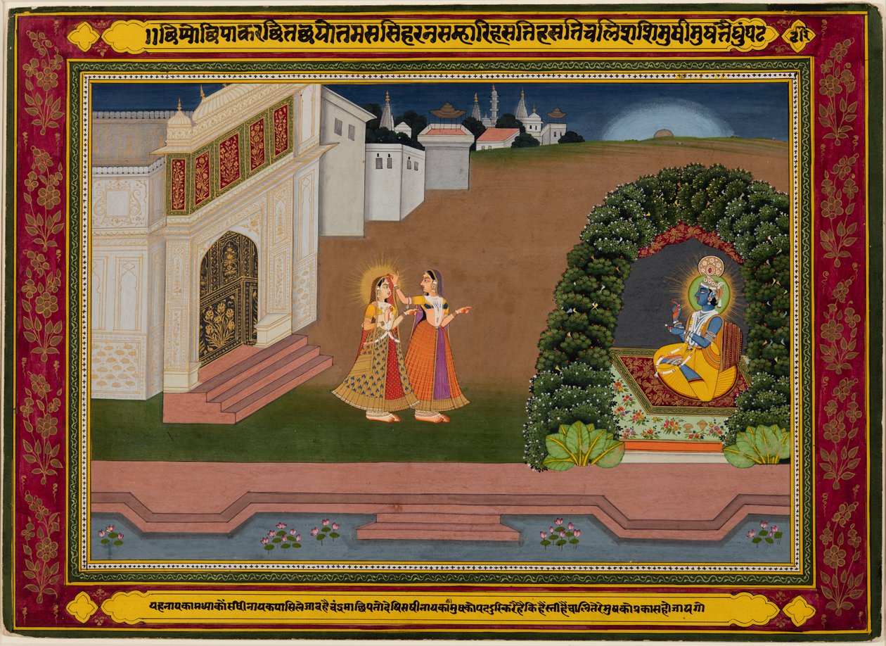 Radhas förtrogna tar henne till Krishna, baserad på Biharis poesi (indian, 1595–1663) av Unknown artist