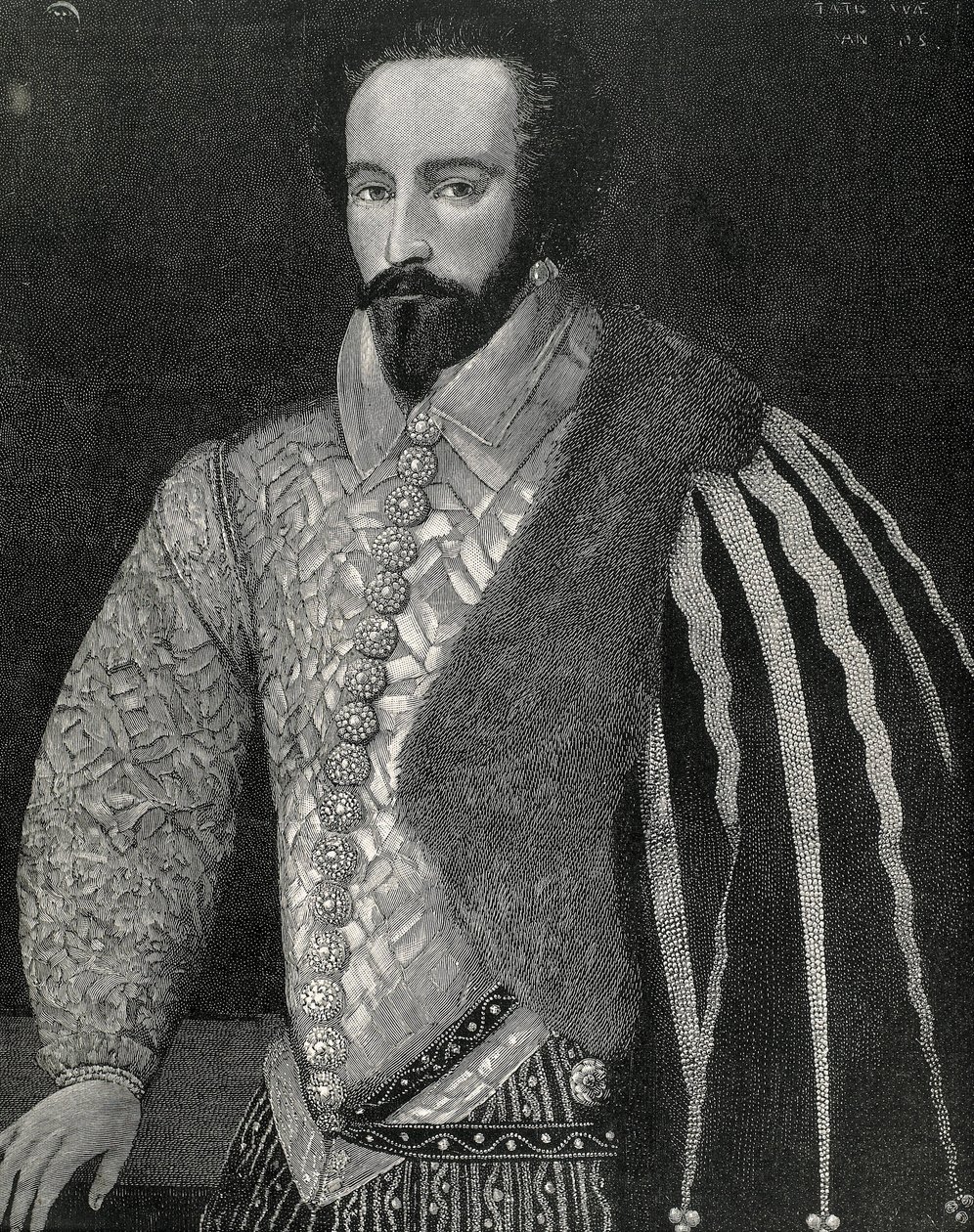 Raleigh, Sir Walter (1554-1618). Engelsk sjöman, upptäcktsresande och mäklare. Porträtt av Sir Walter Raleigh. Graverad 1891, utförd efter ett anonymt original som finns bevarat på National Portrait Gallery i London. Gravyr. av Unknown artist