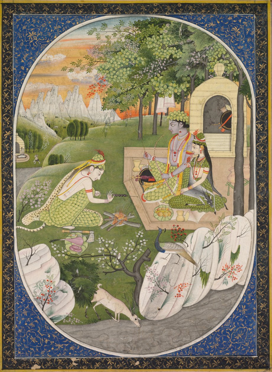 Rama, Sita och Lakshmana i skogen, sida från Ramayana (Tales of God Rama) av Unknown artist