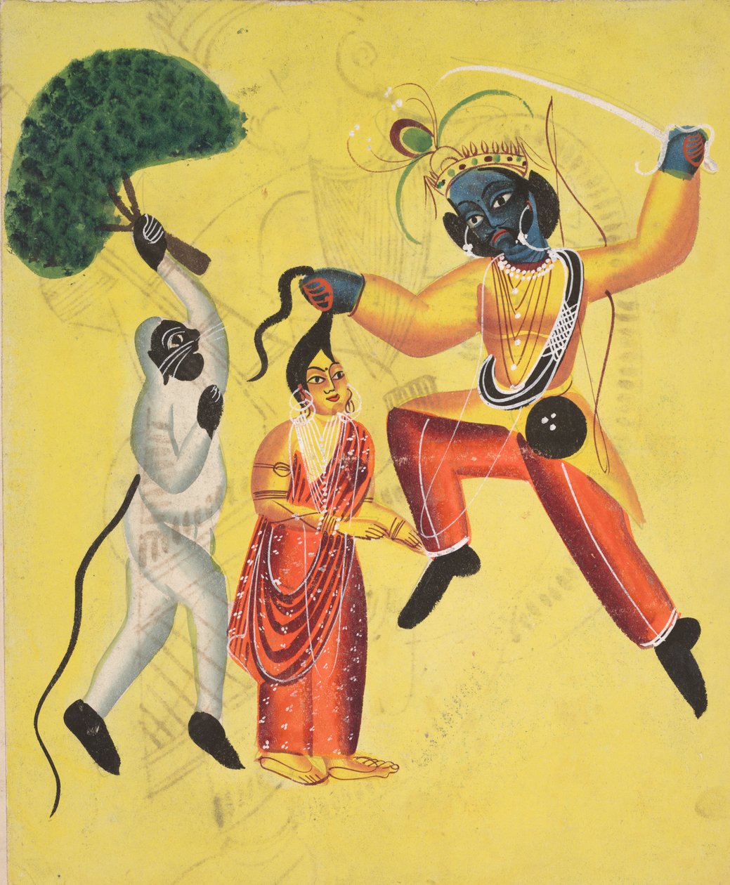 Rama och Hanuman, håller ett uppryckt träd, räddar Sita (recto) av Unknown artist