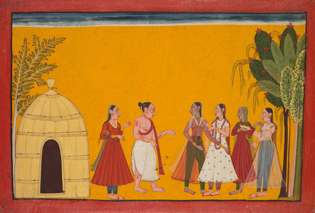 Rama och Sita förs till prästen för att fixa bröllopsdatumet; sida från Ramayana (Tales of God Rama) av Unknown artist