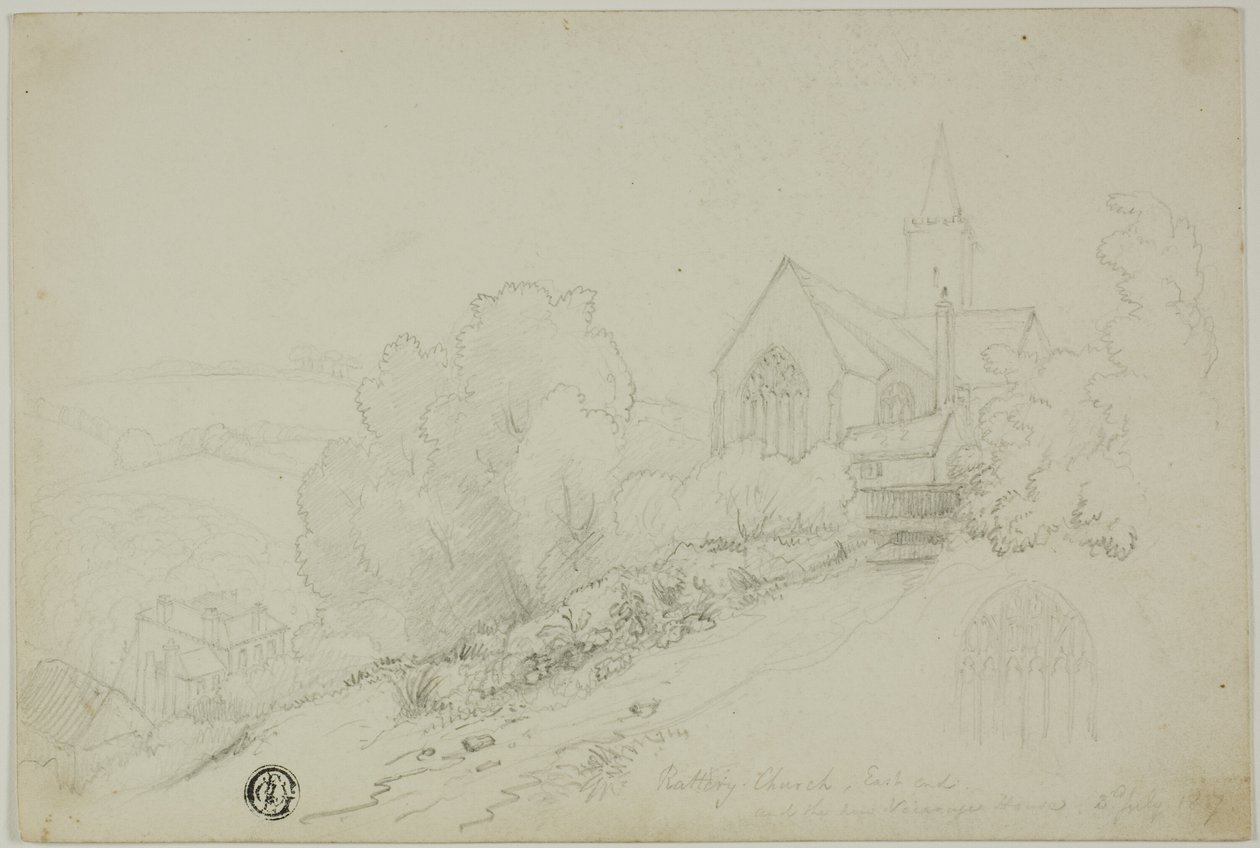 Rattery Church, East End och det nya Vicarage House av Unknown artist