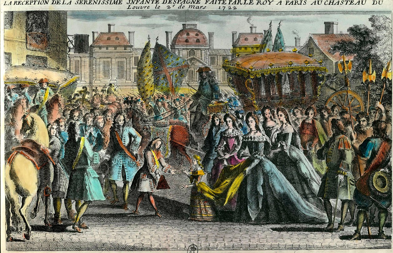 Mottagande av Spaniens spädbarn Marie Anne Victoire (1718-1781) av kung Ludvig XV i Paris vid Louvren den 2 mars 1722. Mariana Victoria de Borbon förlovades vid 3 års ålder med Ludvig XV vid 11 års ålder. 1700-talet. Privat samling av Unknown artist