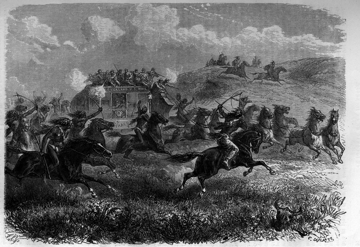 Red Skin Riders attackerar en flit på prärien. Gravyr i "Le journal de la jeunesse"" av Unknown artist