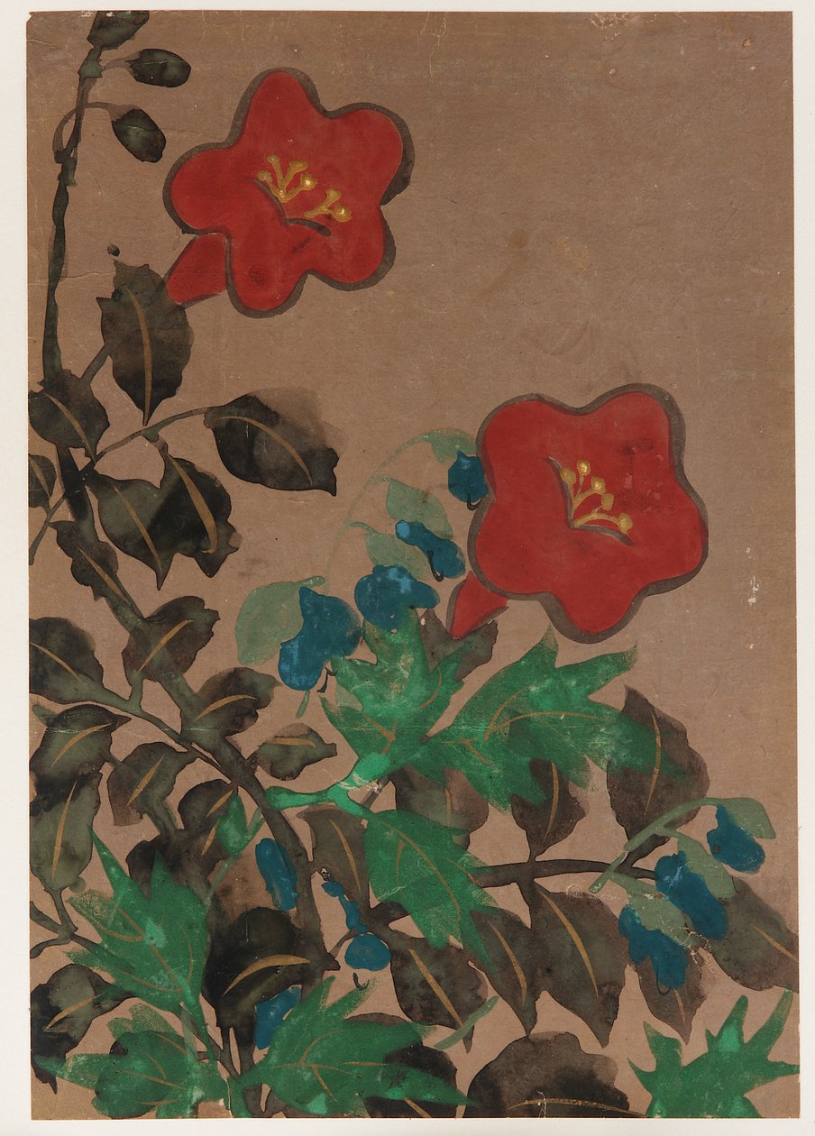 Röda och blå blommor och bladverk av Unknown artist