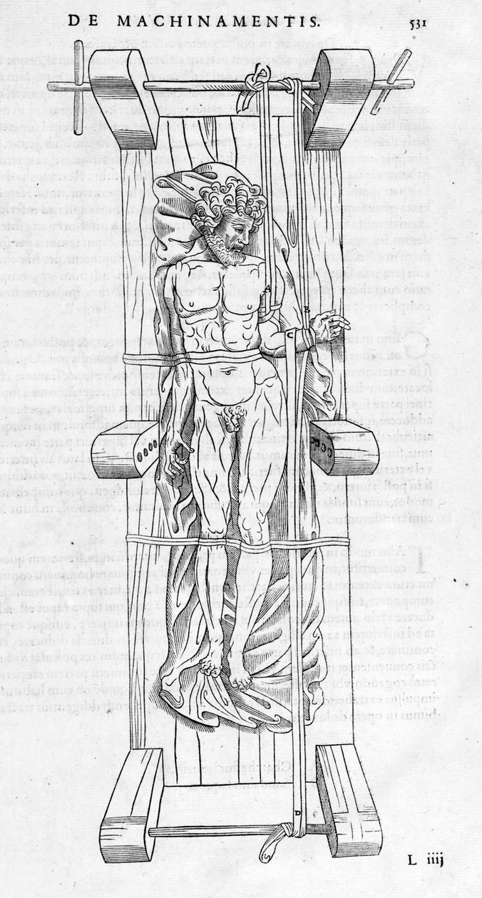 Minskning av frakturer: en man är fixerad på en bår, hans brutna arm sträcks mellan de två axlarna. Tallrik illustrerad av "" De dissectione partium corporis humani lbri tres... "" av Carlo Stefano Riverio, Paris 1545. av Unknown artist
