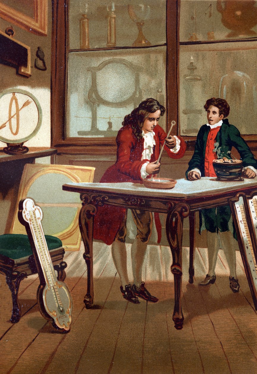 René Antoine Ferchault de Réaumur (1683-1757), fransk kemist och fysiker, byggde sin termometer 1730. efter "La Ciencia y sus Hombres par Louis Figuier"" Barcelona 1881 av Unknown artist