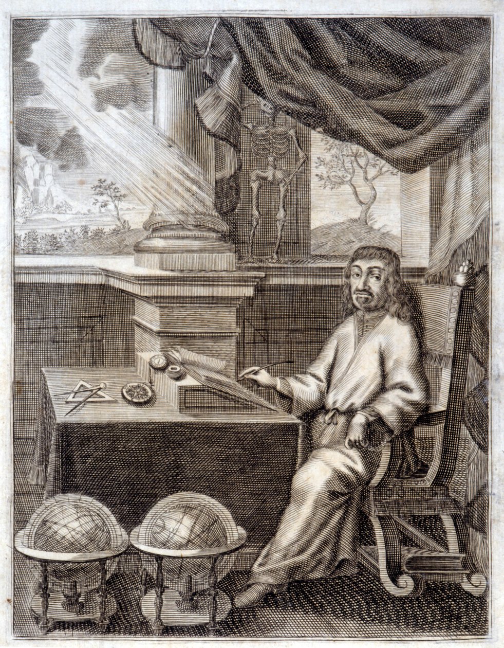 René Descartes (1596 - 1650) på sitt kontor med vetenskaplig utrustning. Gravyr av 1600-talet. av Unknown artist