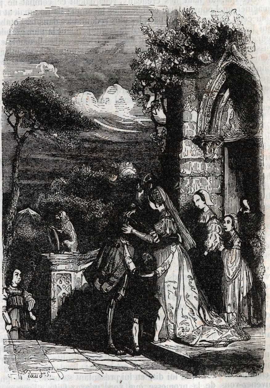 Renaud återvänder till sin familj - gravyr från 1851 från "" Furious Roland"" av Unknown artist