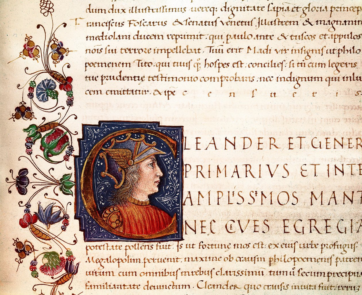 Representation av Alexander den store (356-323 f.Kr.) kung av Macedoine Miniature hämtad från "" Paralleles of illustrious men""" från Plutarchus (46-125 AD) (MS. XV. 1) 1400-talet. Cesena, Biblioteca Malatestiana av Unknown artist