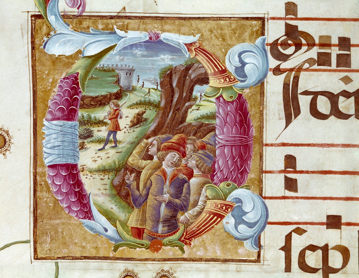 Representation av Josef och hans bröder Detalj av en brevlåda i ett antifonarium (Antiphonarium II) från 1400-talet. Cremone, Biblioteca governativa Italien av Unknown artist