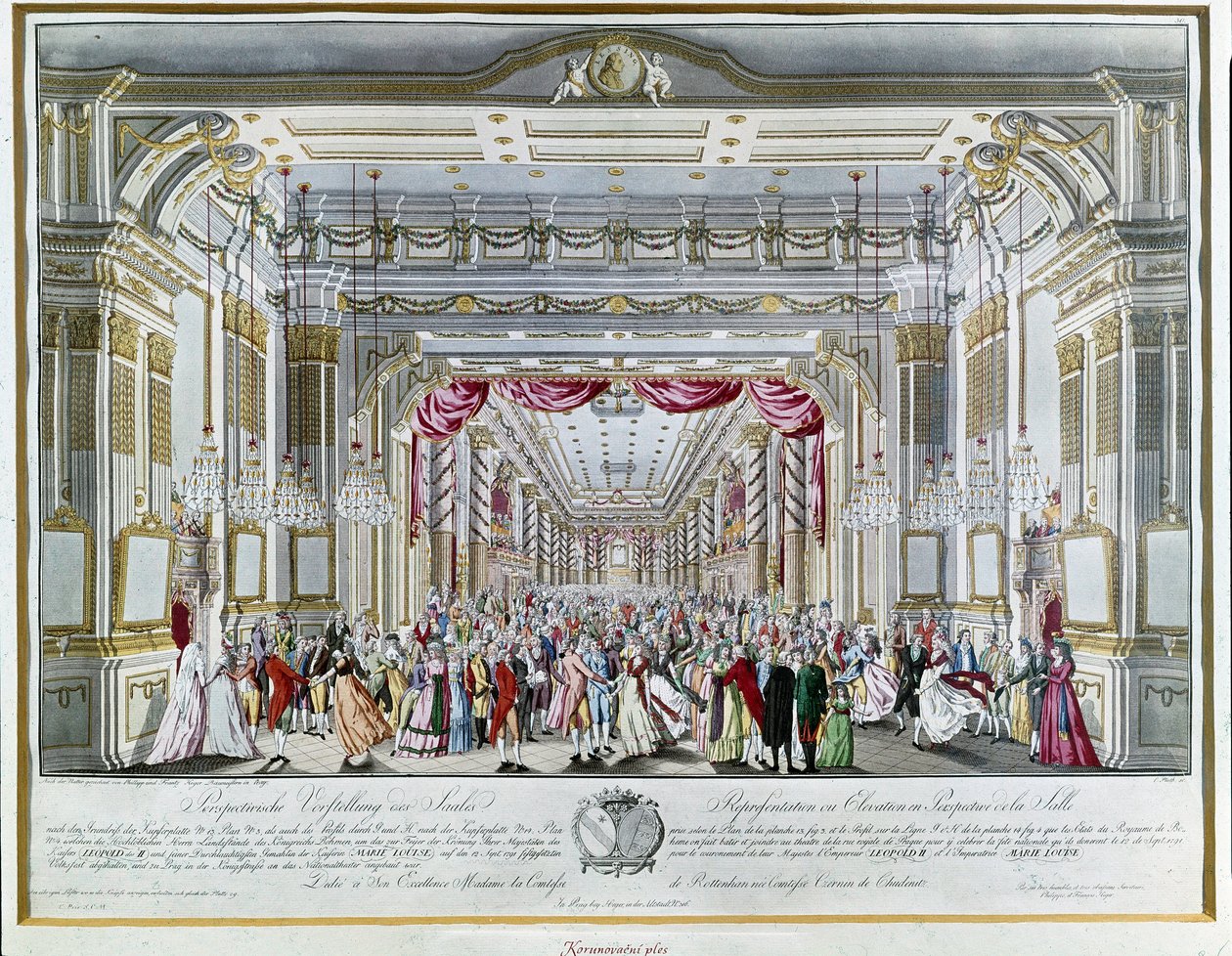 Representation av "La Clemenza di Tito"" (La Clemence de Titus) av Wolfgang Amadeus Mozart (1756-1791) vid kröningsfesten för kejsar Leopold II av Österrike (1747-1792) som kung av Böhme 1791 i teatern i Kungliga gatan i Prag. Prags museum av Unknown artist