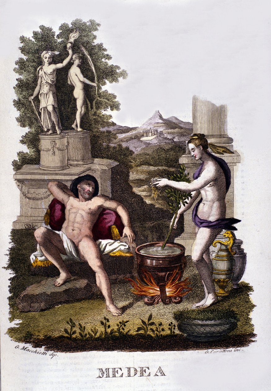 Representation av Medea som förbereder sina förbannelser efter argonauternas cykel. Gravyr av 1800-talet. av Unknown artist