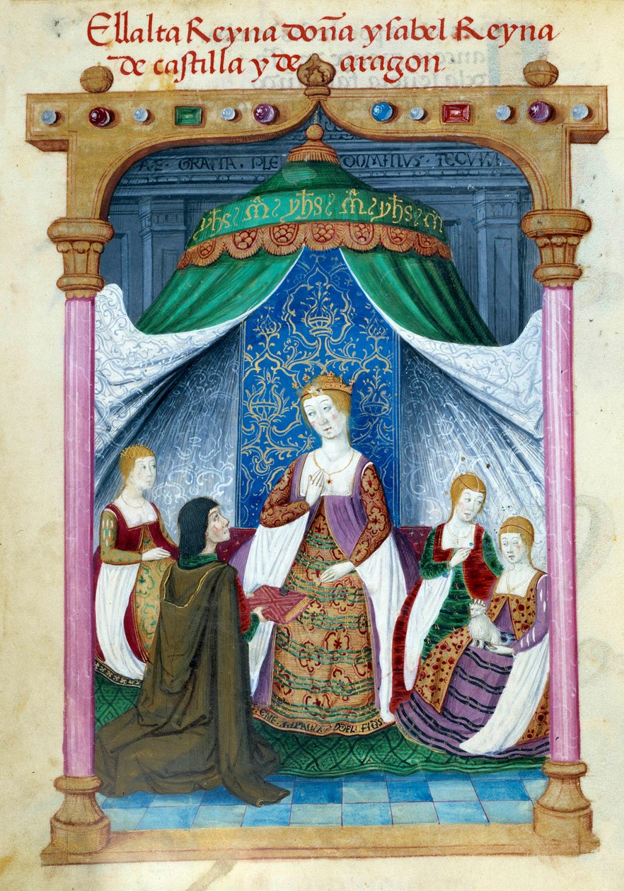 Representation av drottning Isabella av Portugal Isabella av Aragon (1271-1336) omgiven av sina följeslagare och Pedro Marcuello som erbjuder henne sin bok. Manuskriptsida hämtad från "" Collection of devotion of Queen Joan the Folle (1479-1555) of Spain"" av Unknown artist
