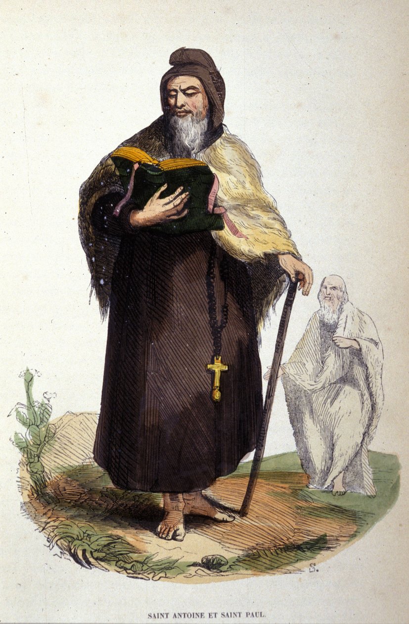 Representation av Sankt Antonius den store, egyptisk anachoret (251 - 356), grundare av kristen eremitism och Sankt Paulus av Thebe (han skulle ha föregått Sankt Antonius i Thebaide). Gravyr av 1800-talet. av Unknown artist