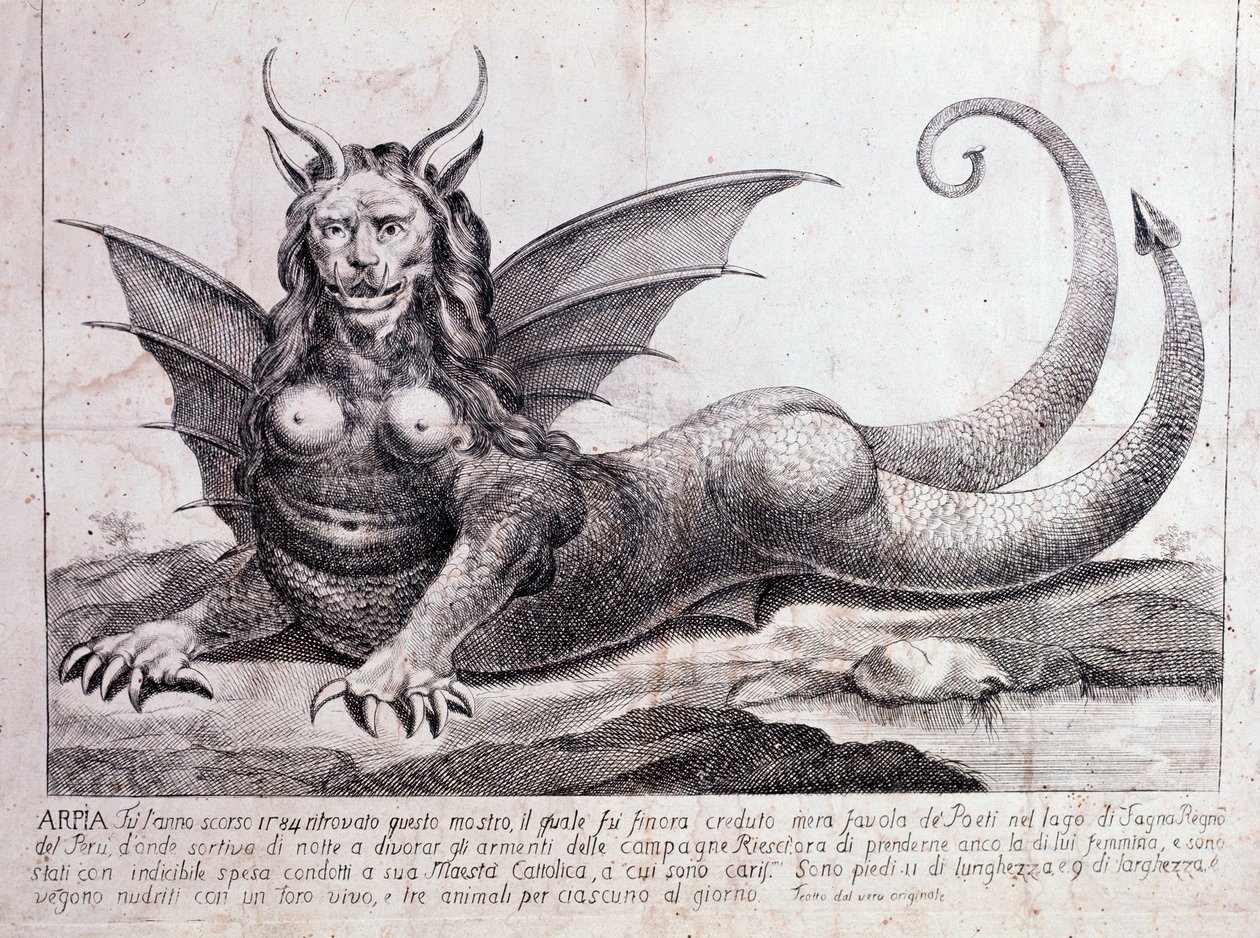 Representation av en harpy, ett monster som finns i en peruansk sjö: den har ett mänskligt ansikte, horn, drakvingar, en man av ett lejon, en reptilkropp, en kvinnas bröst (tryck 1784) av Unknown artist