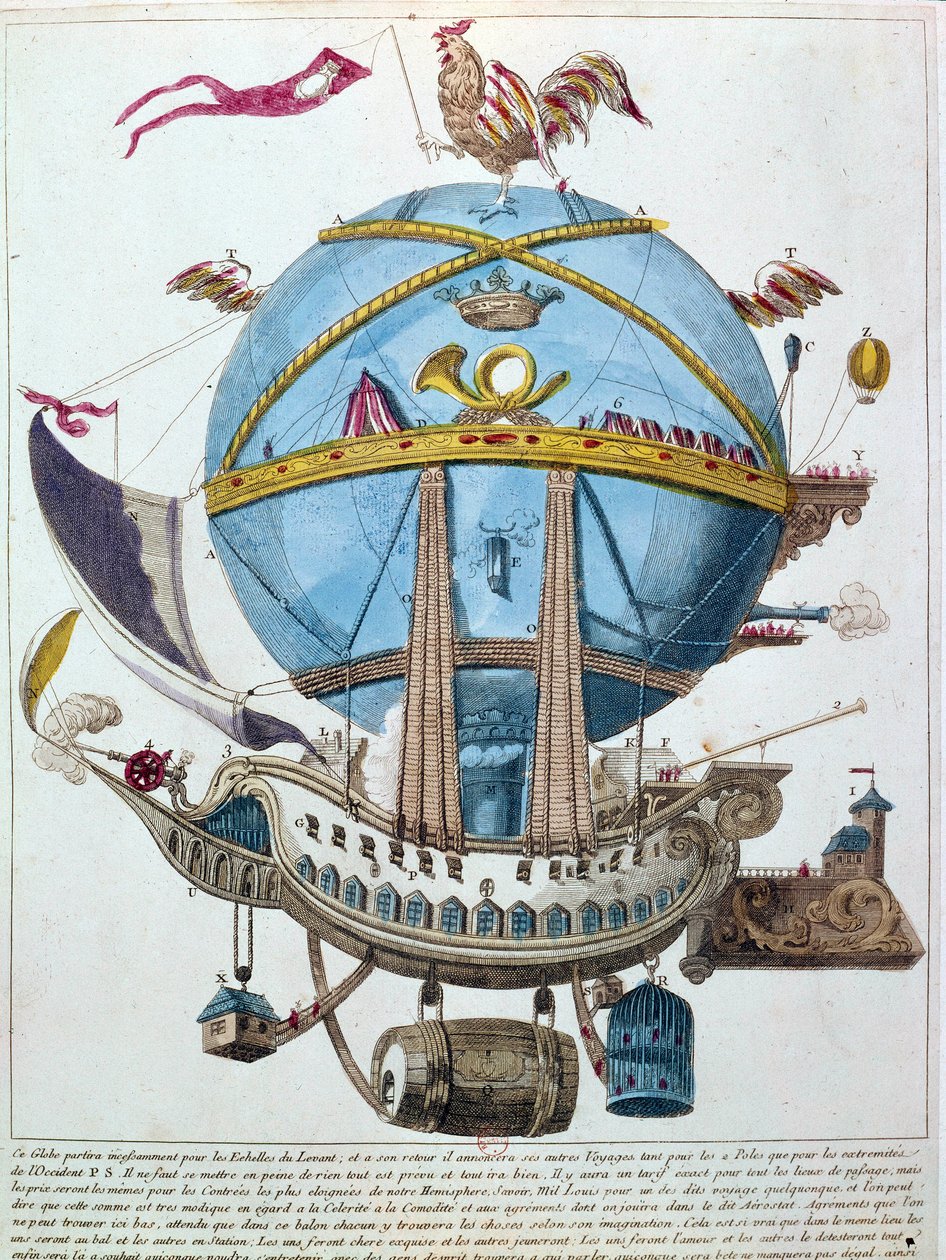 Framställning av en resa i en ballong, satirisk gravyr från 1700-talet. av Unknown artist