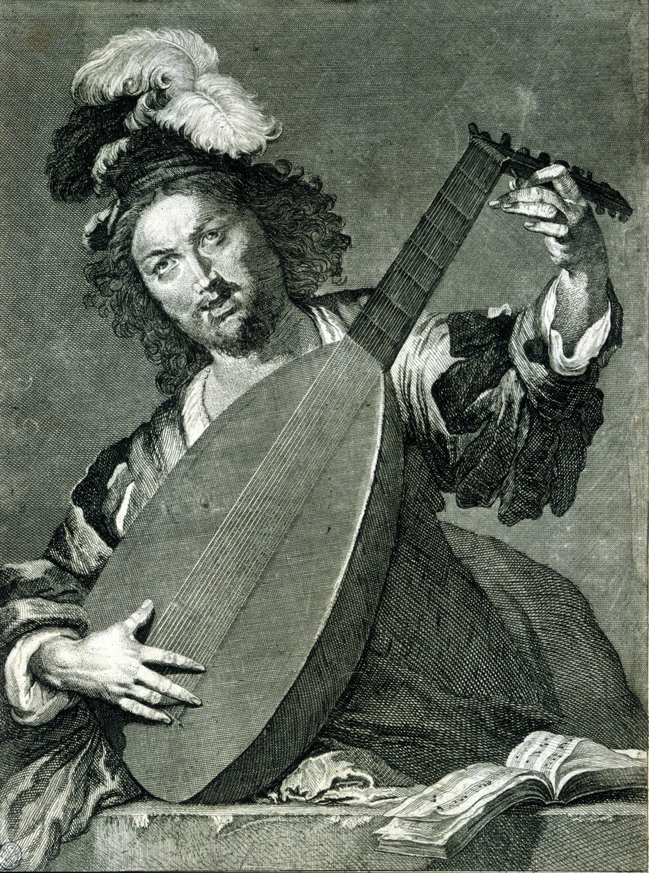 Representation av en lutspelare som stämmer sitt instrument. av Unknown artist